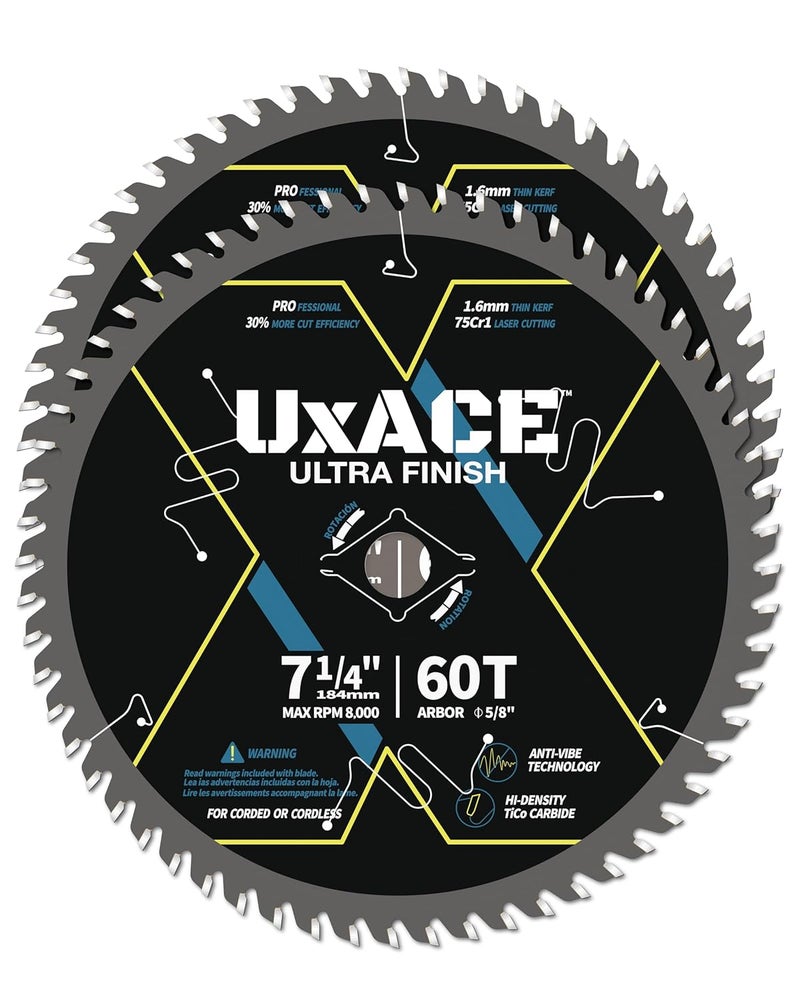 UXACE 7-1/4-Inch 60-Tooth Circular Saw Blade with 5/8-Inch Arbor, Ultra Finish Wood Cutting, Carbide Tip, Thin Kerf, for Plywood, MDF, OSB, Laminated, 2 Pack - Image 1